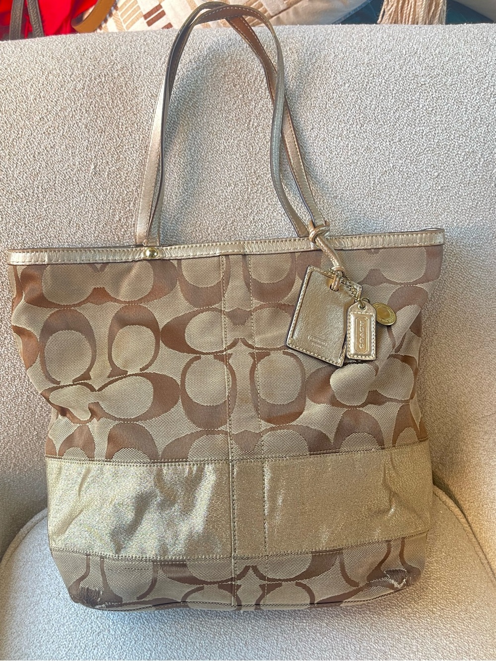 ✨ Vintage Coach Signature Stripe Gold Metallic Medium Tote Bag Y2K ✨